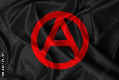 Black Anarchist flag with red Circle-A symbol waving in the wind