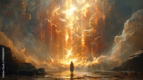 Rays of light emanate from a tesseract suspended in the air casting a mesmerizing glow on the person standing below it.