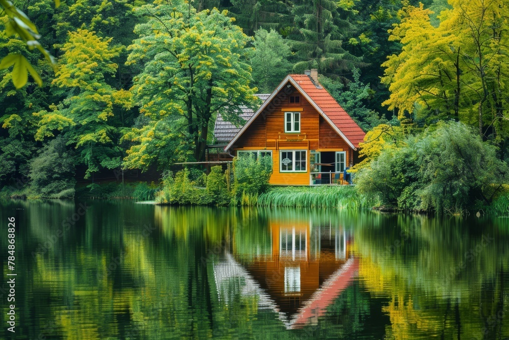 Beautifull small rest home near the lake with mirror. Green trees around the lake