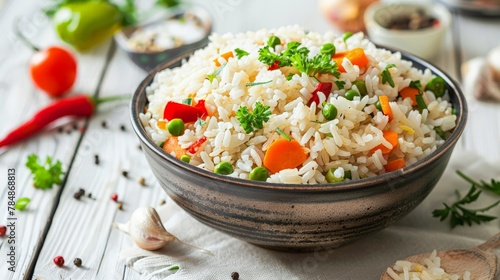Bowl of delicious rice with vegetables served on white wooden table, closeup