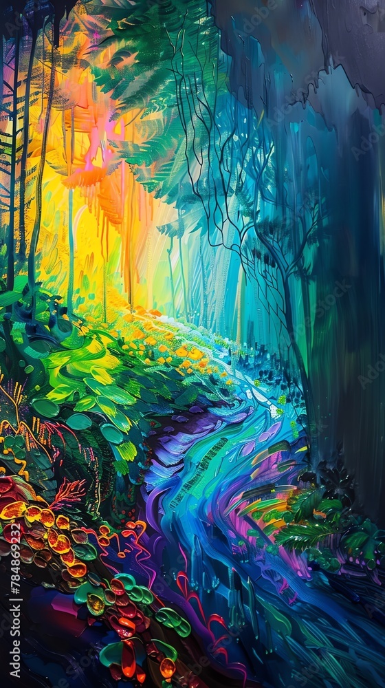 Capture a close-up shot, in oil, of a stock market graph transforming into a mystical forest; emphasize the vibrant colors intertwining