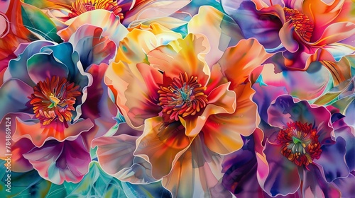 Capture the essence of a Cybernetic Garden of Robotic Flowers in a vibrant watercolor medium Let the colors flow together, blending technology and nature seamlessly Zoom in on one flower for detail