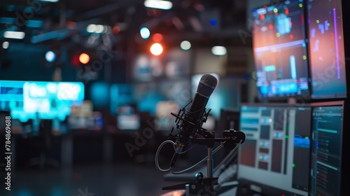 A hazy outoffocus room filled with monitors and microphones illuminated by the glowing screens and soft overhead lighting of the broadcasting studio. . photo