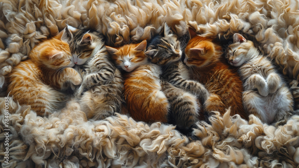Six sleeping kittens on a thick shag carpet. Six sleeping kittens on a thick shag carpet.