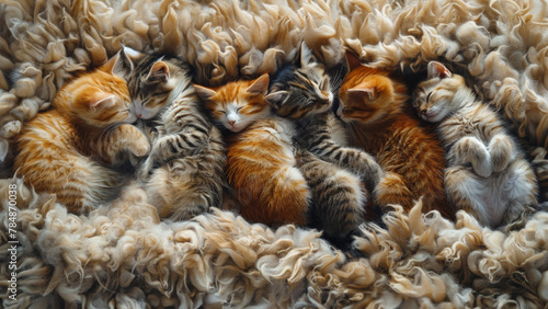 Six sleeping kittens on a thick shag carpet. © Daniel L