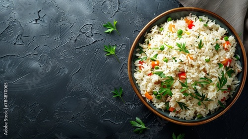 Dish of rice on dark background.