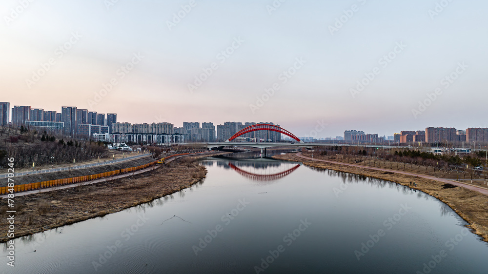 Landscape of Nanxi Wetland Park in Changchun, China in early spring