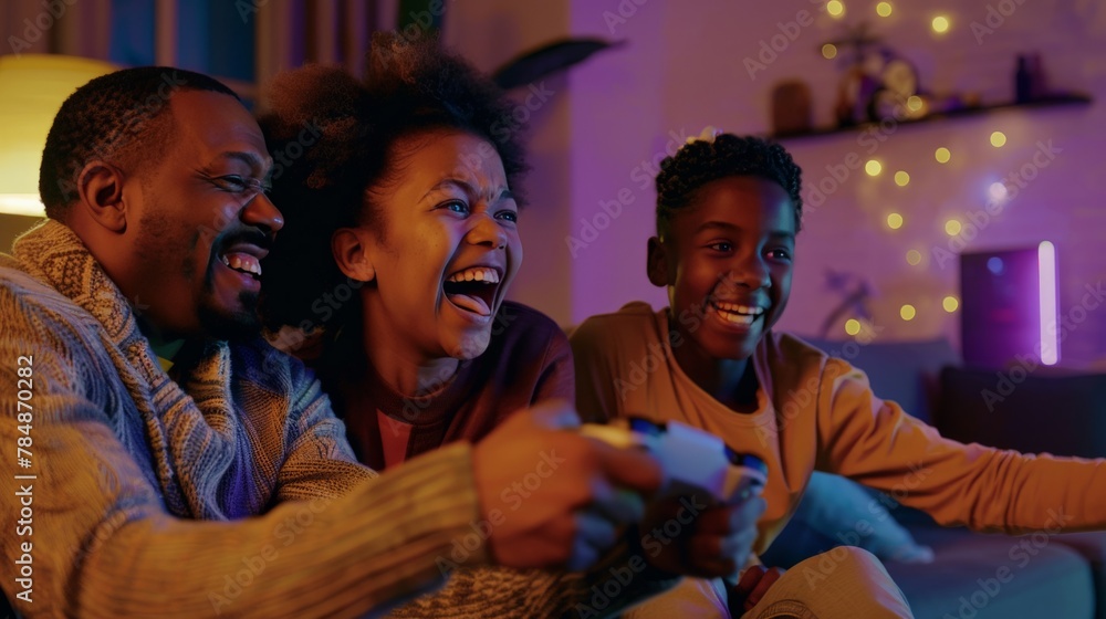 Obraz premium A family engaging in a multiplayer video game in the living room, their expressions ranging from intense concentration to bursts of laughter, highlighting gaming as a bonding activity.