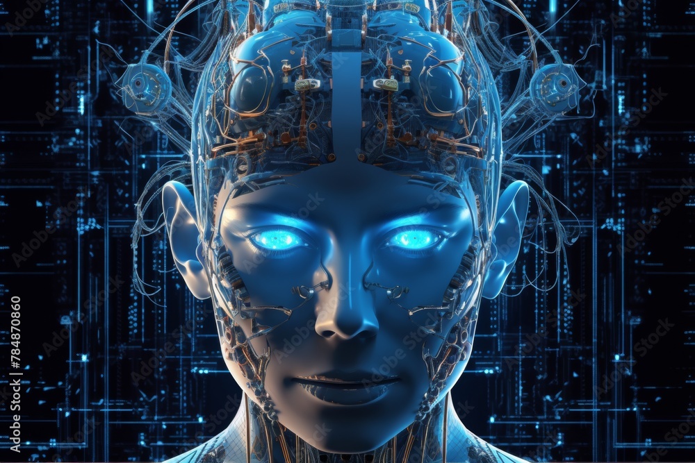 Futuristic design of an android head, with visible wires, connections, and nodes. The cybernetic elements are meticulously integrated, portraying a technological marvel and the convergence of human Futuristic design of an android head, with visible wires, connections, and nodes. The cybernetic elements are meticulously integrated, portraying a technological marvel and the convergence of human