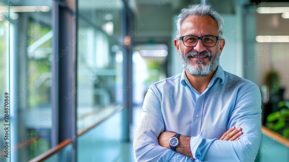 Happy confident mature latin business man standing in office hall, portrait. Smiling mid aged older corporate manager, successful Happy confident mature latin business man standing in office hall, portrait. Smiling mid aged older corporate manager, successful