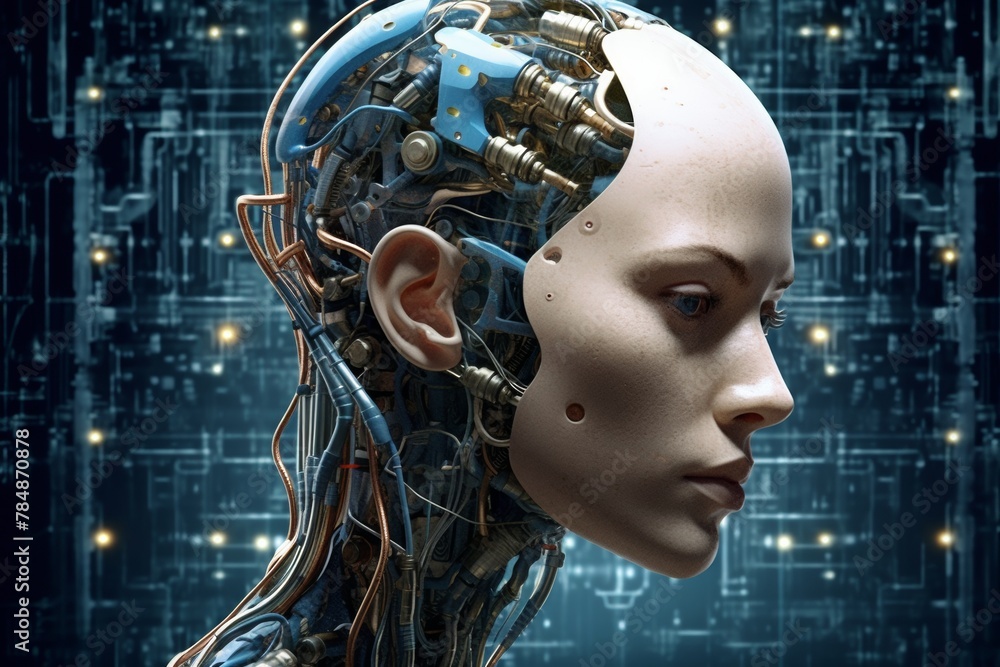 Futuristic design of an android head, with visible wires, connections, and nodes. The cybernetic elements are meticulously integrated, portraying a technological marvel and the convergence of human Futuristic design of an android head, with visible wires, connections, and nodes. The cybernetic elements are meticulously integrated, portraying a technological marvel and the convergence of human