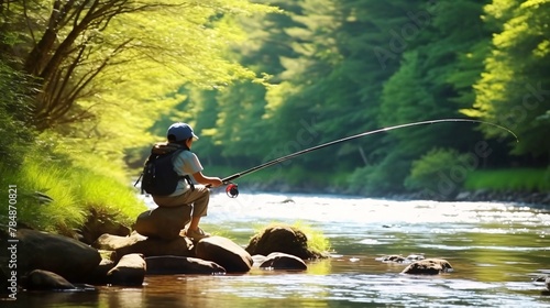 渓流で釣りをする日本人の男の子、川と自然の風景 photo