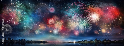 Colorful fireworks at night time with snow fall for celebration background. photo