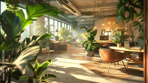 A chill co-working space is depicted with plant