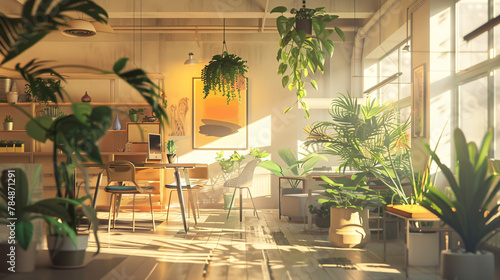 A chill co-working space is depicted with plant