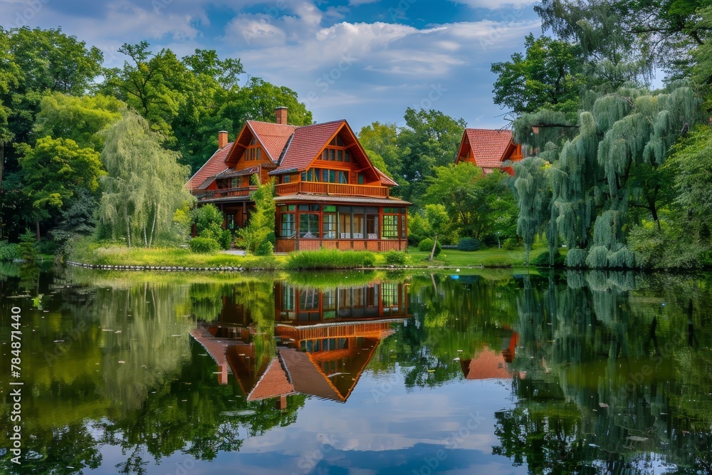 Beautifull rest home near the lake with mirror. Green trees around the lake