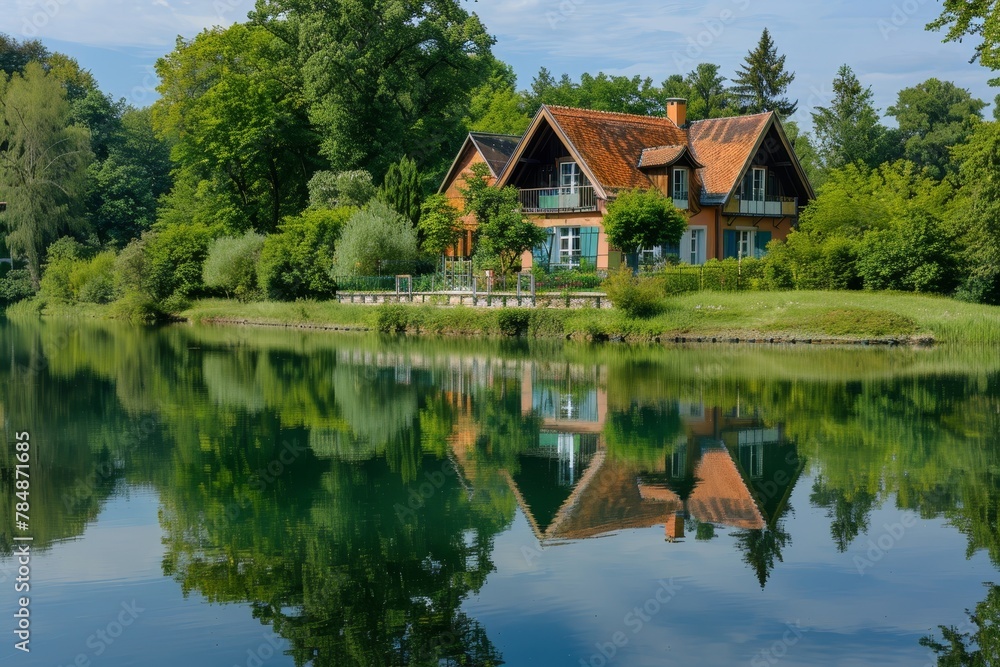 Beautifull rest home near the lake with mirror. Green trees around the lake Beautifull rest home near the lake with mirror. Green trees around the lake