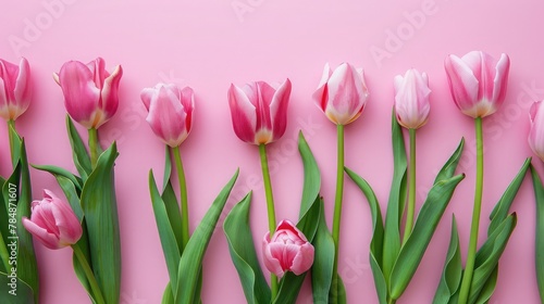 The background is pink with pink tulips. top view, flat lay. Valentine's Day history. horizontal, melodic