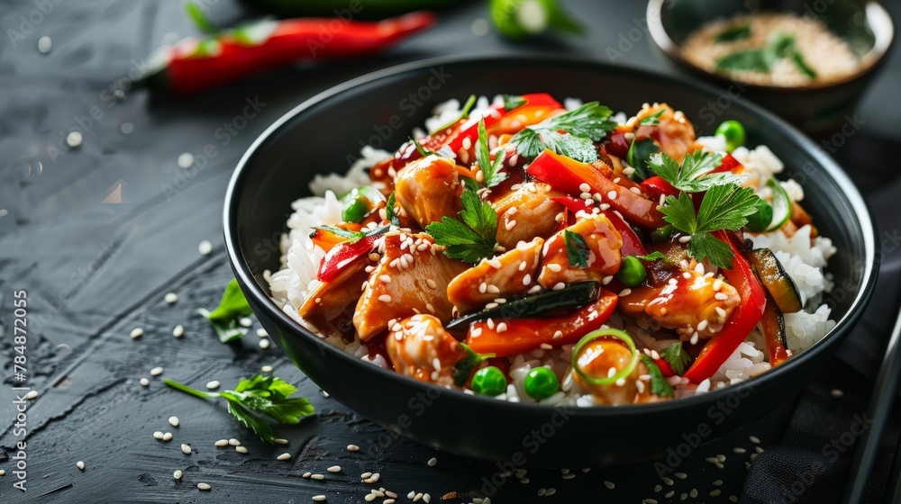 rice with chicken and vegetables sprinkled with sesame seeds rice with chicken and vegetables sprinkled with sesame seeds