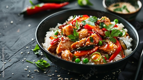 rice with chicken and vegetables sprinkled with sesame seeds