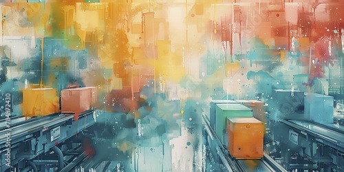 Automated sorting center with parcels moving on conveyors, top-down view, vibrant package colors, watercolor painting.