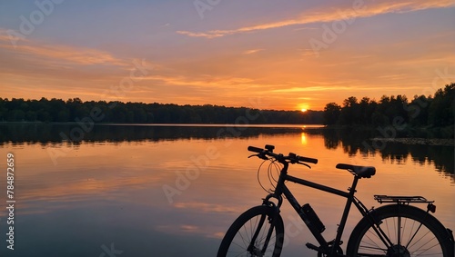 A bicycle-mounted camera capturing a stunning sunset over a tranquil lake.