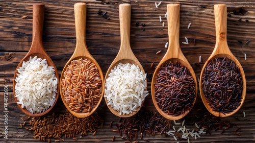 Variety type and color of rice ; paddy rice, riceberry ,brown coarse rice and white thai jasmine rice in wooden spoon isolated on old rustic wood table background. Healthy food concept. Flat lay. photo