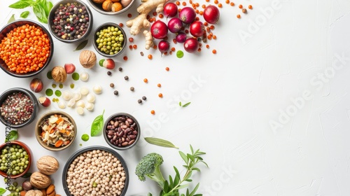 Vegetarian food including vegetables, nuts and legumes with copy space on white background.