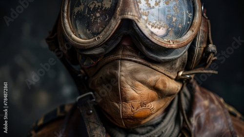A worn leather flying cap takes center stage in this portrait its weathered surface a testament to years of flying through all kinds of conditions. The goggles hanging around the neck .