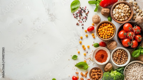 Vegetarian food including vegetables  nuts and legumes with copy space on white background.