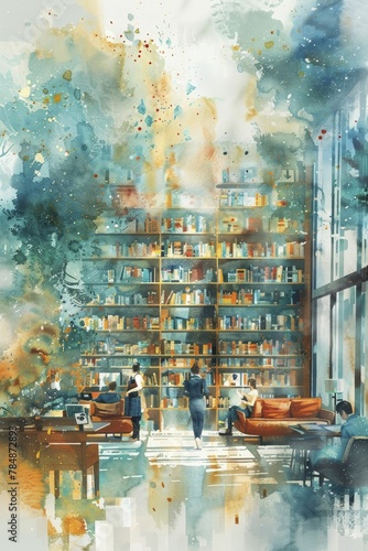 In the watercolor painting, a wide shot captures a futuristic public library featuring digital book displays and modern furniture.