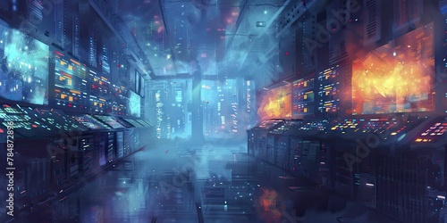 Step into a cybernetic realm where holographic interfaces dance amidst neon blue lights, a watercolor painting adding a surreal touch.