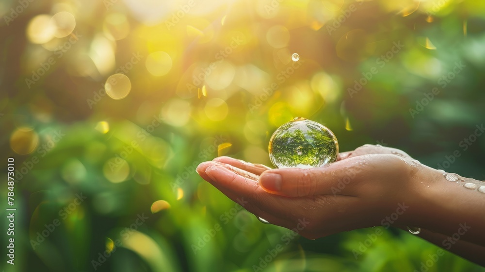 Water drop in hand against natural background in Save water concept on world water day. Conserving the environment in terms of water resources Water drop in hand against natural background in Save water concept on world water day. Conserving the environment in terms of water resources