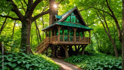 A cozy treehouse nestled among emerald leaves, with sunlight filtering through stained glass windows.