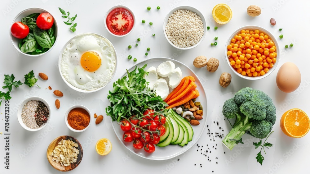 World food day, Vegetarian day or Vegan day concept. Breakfast meal on white table background. World food day, Vegetarian day or Vegan day concept. Breakfast meal on white table background.