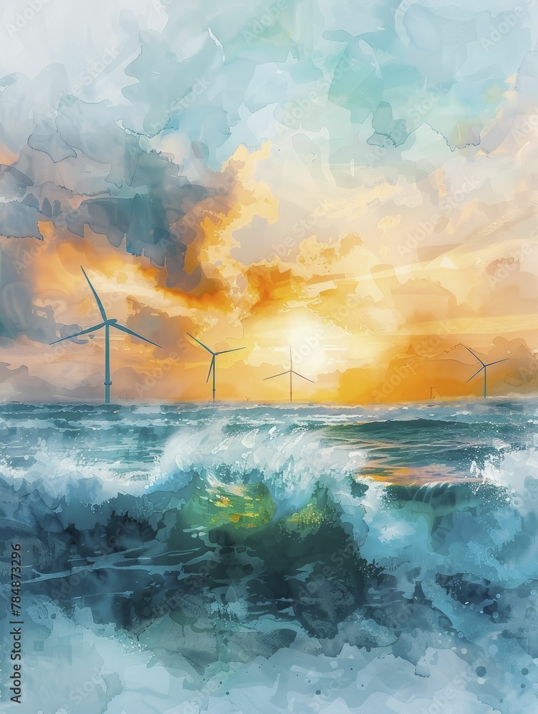 Experience the ethereal beauty of wind turbines set against dynamic waves, as the sunrise casts mesmerizing silhouettes in this watercolor scene.