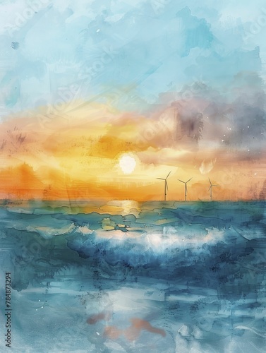 Witnessing the blend of ocean wind turbines, dynamic waves, and sunrise silhouettes is like a watercolor masterpiece coming to life.