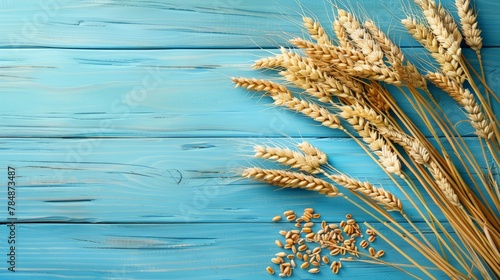 Wheat ears grain on blue wooden background. World Food Day Concept (October 16), Top view and Copy space for your text