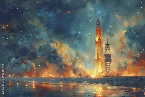 Spaceport at night with rockets illuminated by floodlights, starry sky backdrop, watercolor painting.