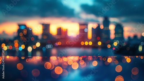 With a defocused background the urban twilight takes on an almost ethereal quality the perfect backdrop for the citys neverending energy and activity. .