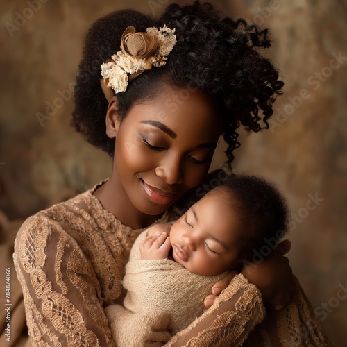 A serene African American mother cradles her newborn, adorned with natural hair accessories, in a vintage-inspired portrait.