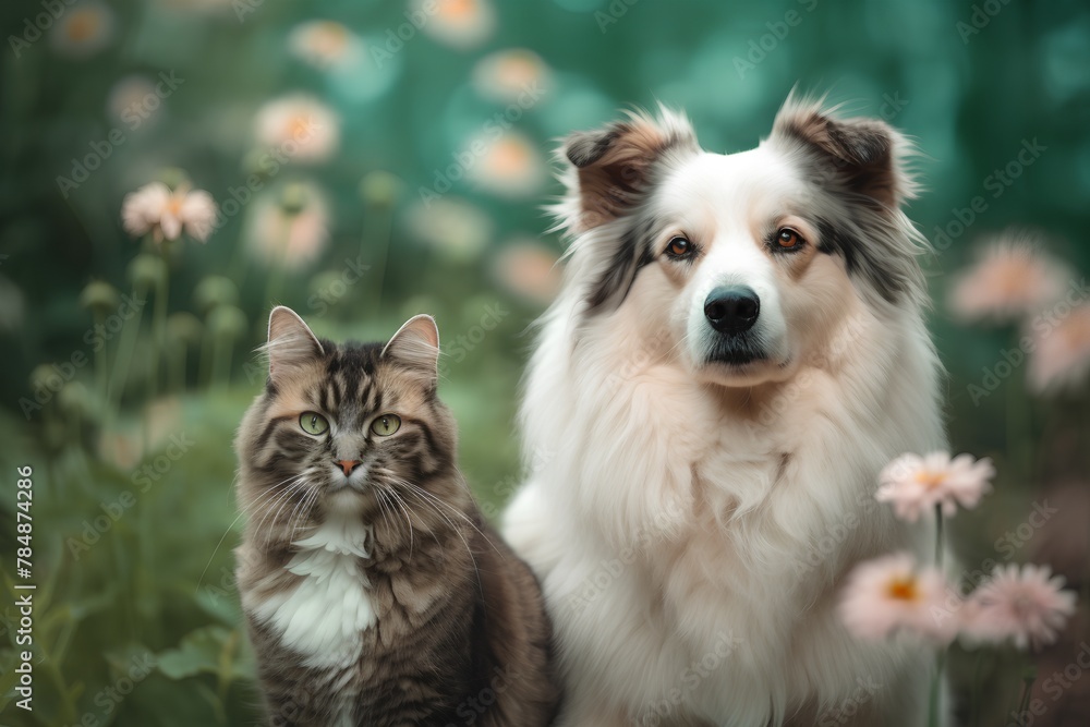 Portrait of border collie dog and cat in the garden.
