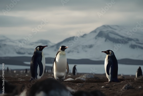 Penguins on the beach in Antarctica. 3d rendering.