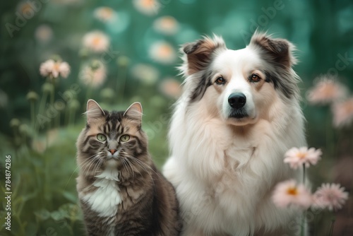 Portrait of border collie dog and cat in the garden.
