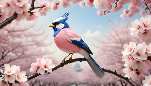 Frame a picocok against a backdrop of cherry blossoms in full bloom, the delicate pink petals complementing the bird's vibrant plumage