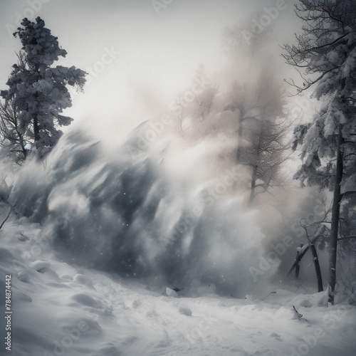 Winter landscape with snow covered trees and falling snowflakes in the forest photo