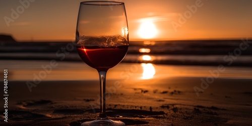 A glass of red wine on the beach at sunset. Selective focus.