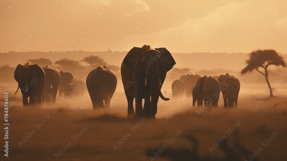 Elephants at sunset in the savannah of Chobe National Park, Botswana