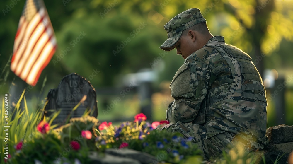 The way a military soldier salutes with a sad face at the grave with the American flag of a soldier who died in a battle,created under the theme of Memorial Day in America on May 27 The way a military soldier salutes with a sad face at the grave with the American flag of a soldier who died in a battle,created under the theme of Memorial Day in America on May 27