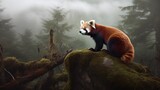 Red panda sitting on a tree trunk in the forest with fog